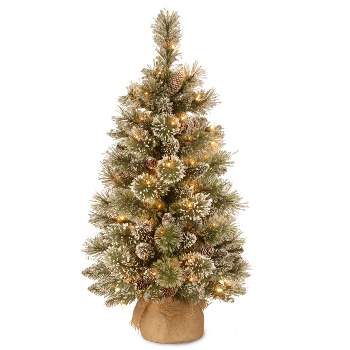 3ft National Tree Company Glittery Bristle Pine Artificial Tree with 7 White Tipped Cones & 35 Warm White Battery Operated LED Lights w/ Timer