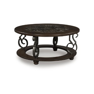 Signature Design by Ashley Frallyn Coffee Table - Dark Brown Finish with Faux Marble Top and Metal Legs - 1 of 4