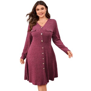 Clearlove Womens Plus Size Sweater Dress V Neck Collared Long Sleeve Slim Fit Ribbed Knit Mini Dresses - 1 of 4