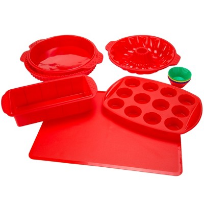 Hastings Home Silicone Bakeware Set - 6 Red Assorted Pans, 12 Multicolor Cupcake Molds