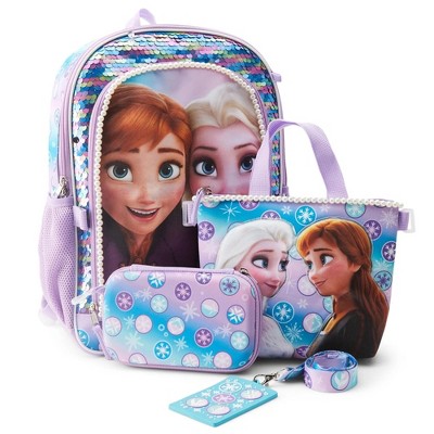 Disney Frozen Anna and Elsa Girl's 4-Piece Sequin School Backpack Lunch Bag Set