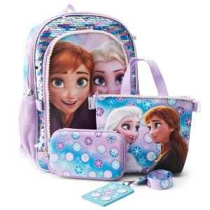 Disney Frozen Anna and Elsa Girl's 4-Piece Sequin School Backpack Lunch Bag Set - 1 of 4