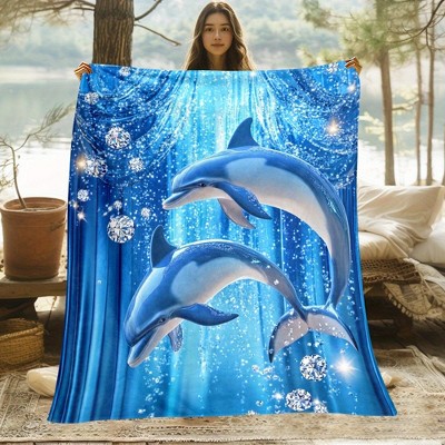 1pc Dolphins in Blue Curtain Blanket - Flannel, Soft & Warm, Digital Print with Sparkling Snowflakes, Perfect for Home, Dolphin Decor.