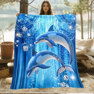 1pc Dolphins in Blue Curtain Blanket - Flannel, Soft & Warm, Digital Print with Sparkling Snowflakes, Perfect for Home, Dolphin Decor. - 1 of 4