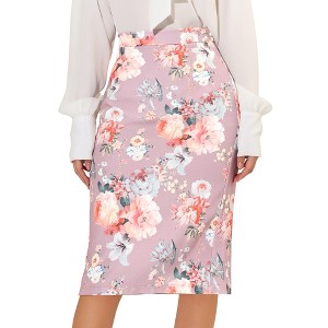 Allegra K Women's Floral Elastic Waistband Bodycon Pencil Skirt with Back Slit - 1 of 4