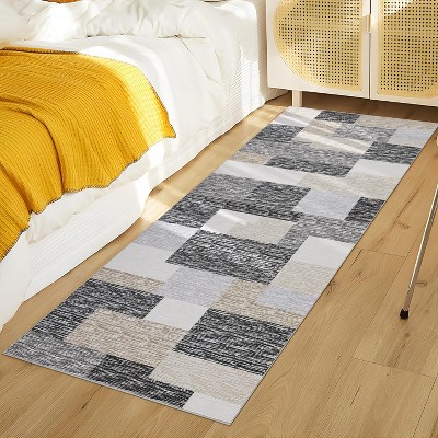 Modern Runner Rug, Geometric Patchwork, Non-Slip, Washable, Low Pile, Hallway, Foldable, Contemporary Carpet, Laundry