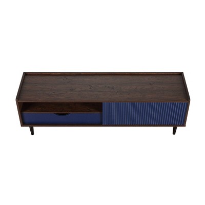 Duane Dark Brown and Navy Blue Ribbed TV Stand with Cabinet