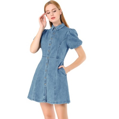 Allegra K Women's Puff Short Sleeve Collared Button Front Mini Denim Dress