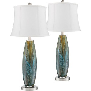 360 Lighting Azure Modern Table Lamps 26 3/4" High Set of 2 Blue Brown Art Glass White Softback Drum Shade for Bedroom Living Room Bedside Nightstand - 1 of 4