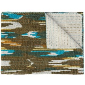 50" X 70" Brown And Blue Ikat Cotton Quilted Kantha Throw Blanket with Embroidery - 1 of 4