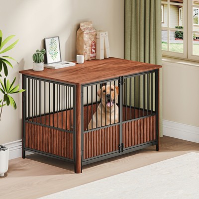 Grungis 43" Fluted Dog Crate for Large Medium Dogs,Wooden Dog House with Double Door Design,Dog Kennel for Indoor