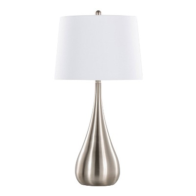 Set of 2 Brushed Nickel Teardrop Table Lamps with White Linen Shades