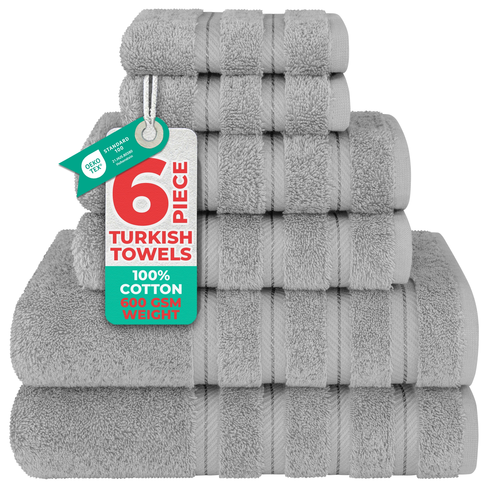 American Soft Linen 6 Piece Towel Set, 100% Cotton Bath Towels for Bathroom, Light Grey