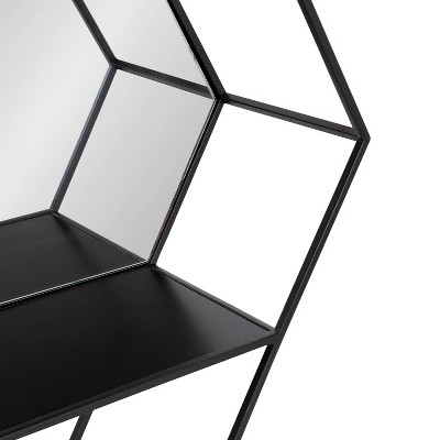 Lintz Hexagon Black Metal Floating Wall Mirror with Shelves