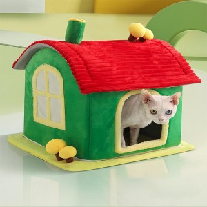 Cat bed indoor enclosed warm cave - cat bed with removable cleaning mat, ample interior space, comfortable and soft pet house, red and green colors - 1 of 4