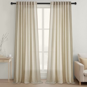 Cotton Linen Blended Light Filtering Curtain,Back Tab Hooks Drapes Set of 2,With Hooks - 1 of 4