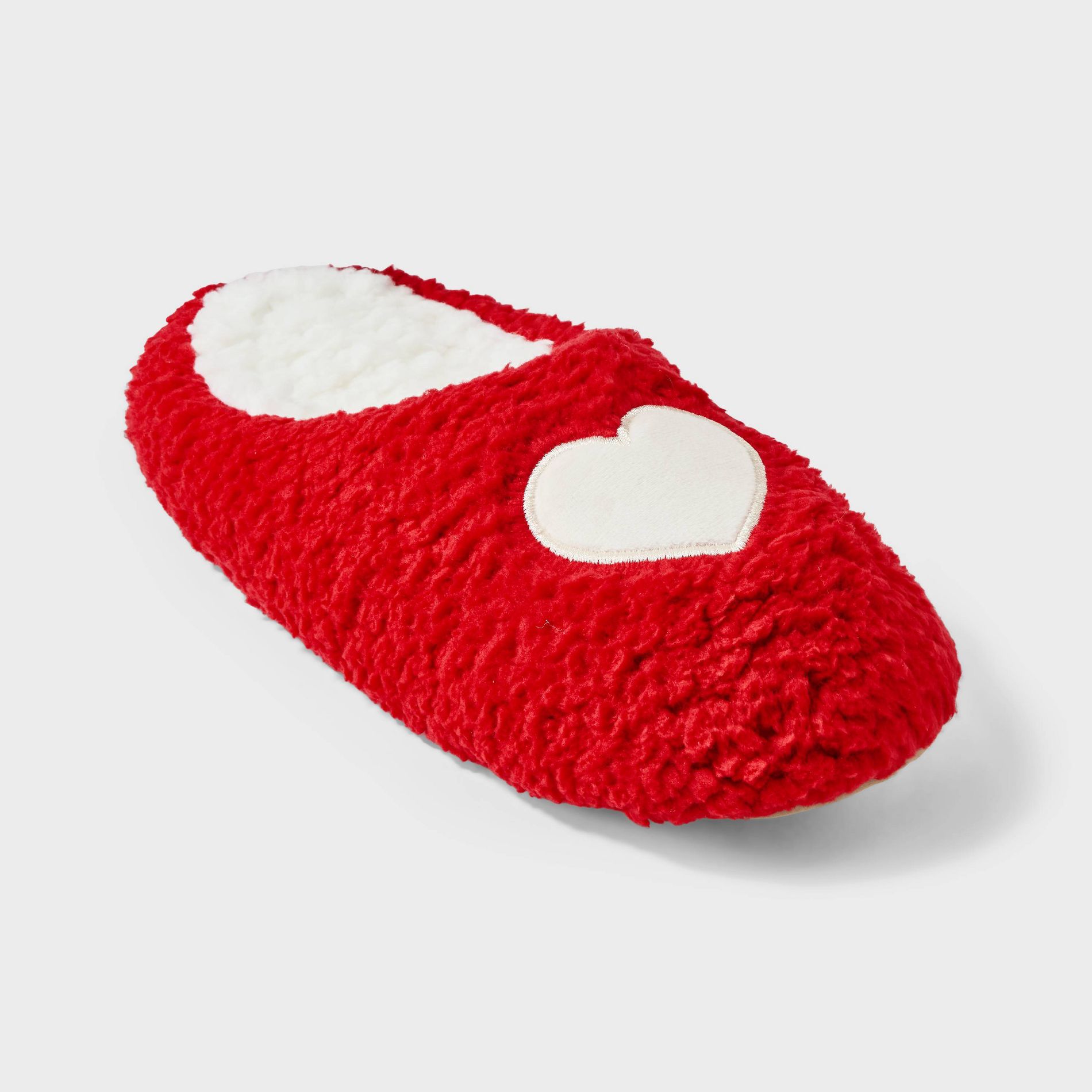 Women's Embroidered Heart Valentine's Day Faux Shearling Slide Slippers - Wild Fable™ Red/Ivory M/L