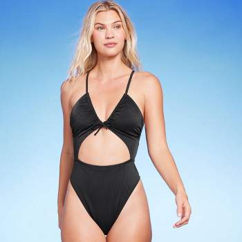 Women's Ribbed Plunge Front Cut Out One Piece Swimsuit - Shade & Shore™