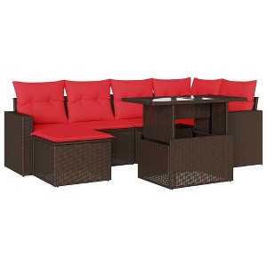vidaXL Patio Sofa Set with Cushions and Table Outdoor 7 Piece Poly Rattan - Brown without storage - 1 of 4
