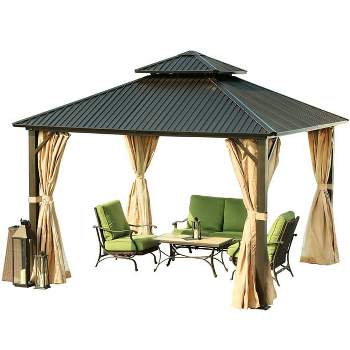 Aoodor 12 x 12 ft. Aluminum Frame Hardtop Roof Gazebo, Outdoor Patio 2-Tier Metal Roof Gazebo with Mosquito Netting and Curtains,  Black