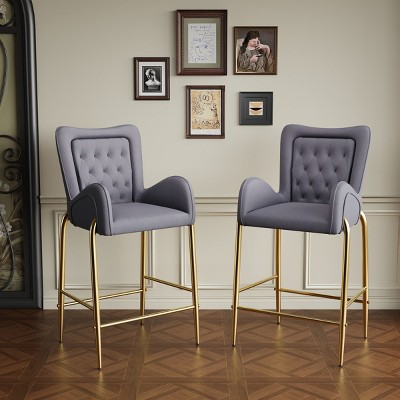 28" Velvet Bar Stools Set of 2,Tufted Back Arm Chairs with Gold Metal Legs and Footrest for Kitchen Island Dining Room-Baofuwish