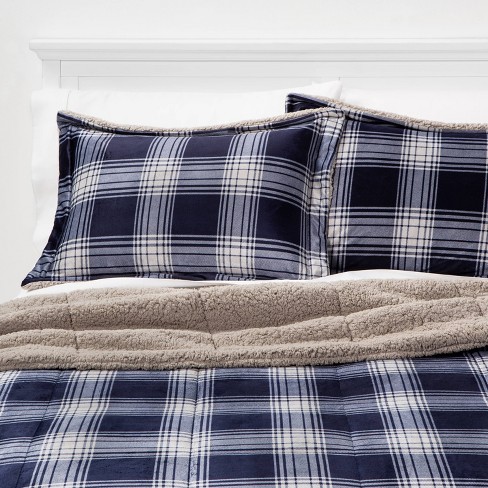 Twin Extra Long Plaid To Sherpa Corbin Comforter Sham Set Navy