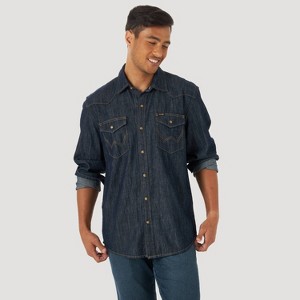 Wrangler Men's Denim Long Sleeve Button-Down Shirt - Dark Denim Wash - 1 of 4