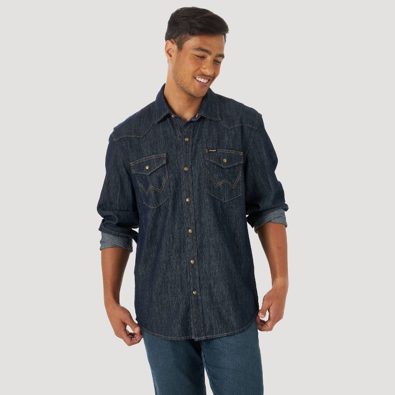 Wrangler Men's Denim Long Sleeve Button-Down Shirt - Dark Denim Wash, 1 of 5