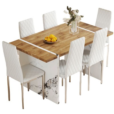 Infurnic Dining Sets Wood Veneer Dining Set with 6 Chairs Marble Style Legs Modern Minimalist Kitchen Table Collection, White, 55"*31.5"*29.5"