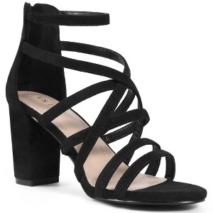 BLISSFUL STEP Women's Back Zip Strappy Chunky Heel Open Toe Sandals - 1 of 4