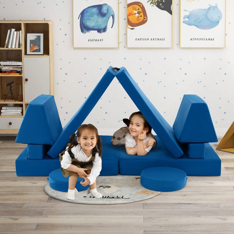 Costway 10 PCS Kids Play Sofa Set Modular Convertible Foam Folding Couch Toddler Playset Blue/Grey/Green, 2 of 11