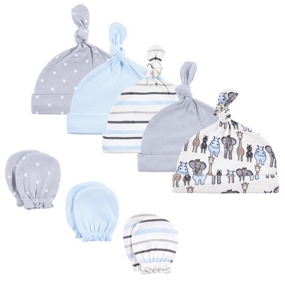 Hudson Baby Infant Boy Cotton Cap and Scratch Mitten Set, Royal Safari, 0-6 Months