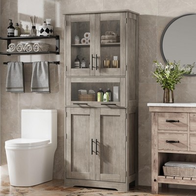 Tall Pantry Storage Cabinet with Glass Doors & Adjustable Shelf, Freestanding Linen Cupboard with Drawer