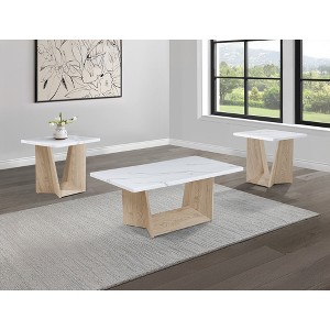 3-Pc Modern Coffee and End Table Set with Faux Marble Tops and Angular Bases, Luxurious Accent for Living Room or Lounge - 1 of 4