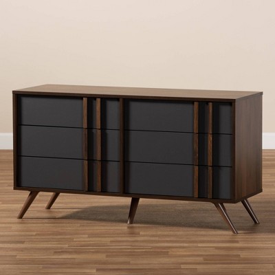 Naoki Two-Tone Gray and Walnut 6-Drawer Wood Dresser