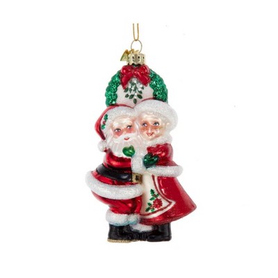 Kurt Adler Noble Gems Glass Ornament for Christmas Tree, Mr. and Mrs. Santa Under Mistletoe