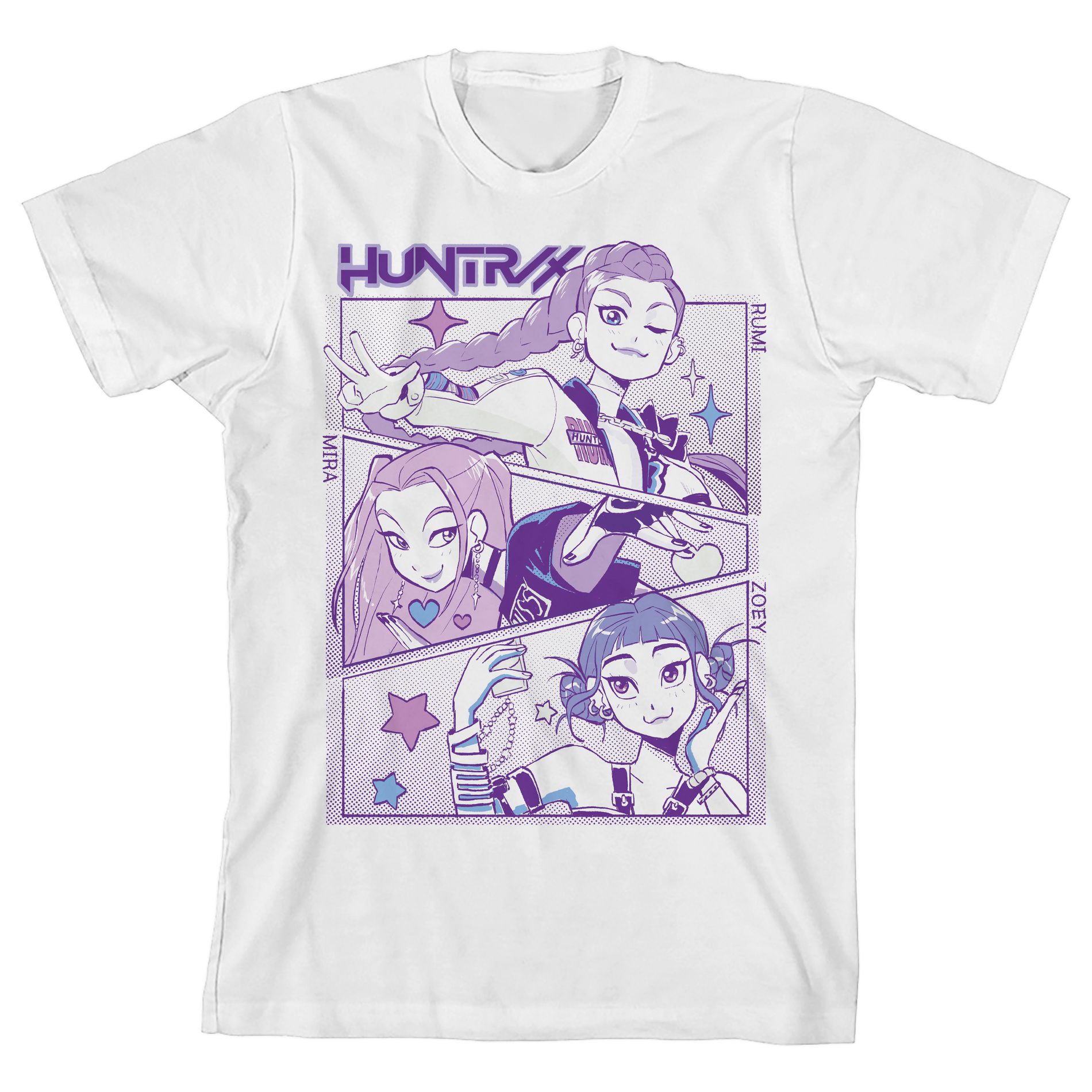 KPop Demon Hunters Panel Art Huntrix Youth White Crew Neck Short Sleeve T-shirt