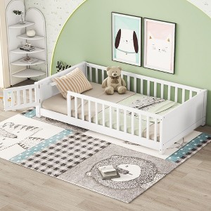 NicBex Twin Size Wood Montessori Bed with Built-in Book Storage Rack,Floor Bed with Safety Guardrails and Door,Modern Toddler Bed for Bedroom,White - 1 of 4