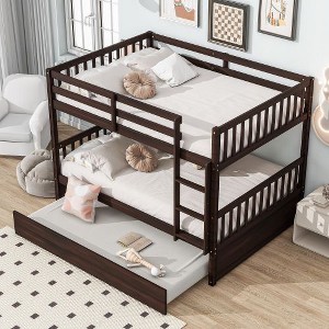 Kumasinova Full Over Full Rubber Wood Bunk Bed with Trundle – Detachable (Converts to 2 Beds), Full Size Bed Frame with Guardrails & Ladder for Kids - 1 of 4