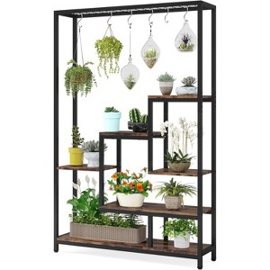 Gulches Rustic 70.9" Tall Plant Stand, 7-Shelf Flower Bonsai Shelf with 6 S-Hanging Hooks, Brown - 1 of 4