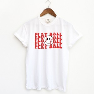 Simply Sage Market Women's Play Ball Stacked Smiley Face Short Sleeve Garment Dyed Tee - 1 of 2