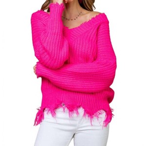 Women's Frayed V-Neck Sweater - Mainstrip - 1 of 4