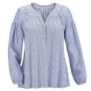 Collections Etc Seersucker Smock Trimmed V-Neck Long Sleeve Shirt - 1 of 4