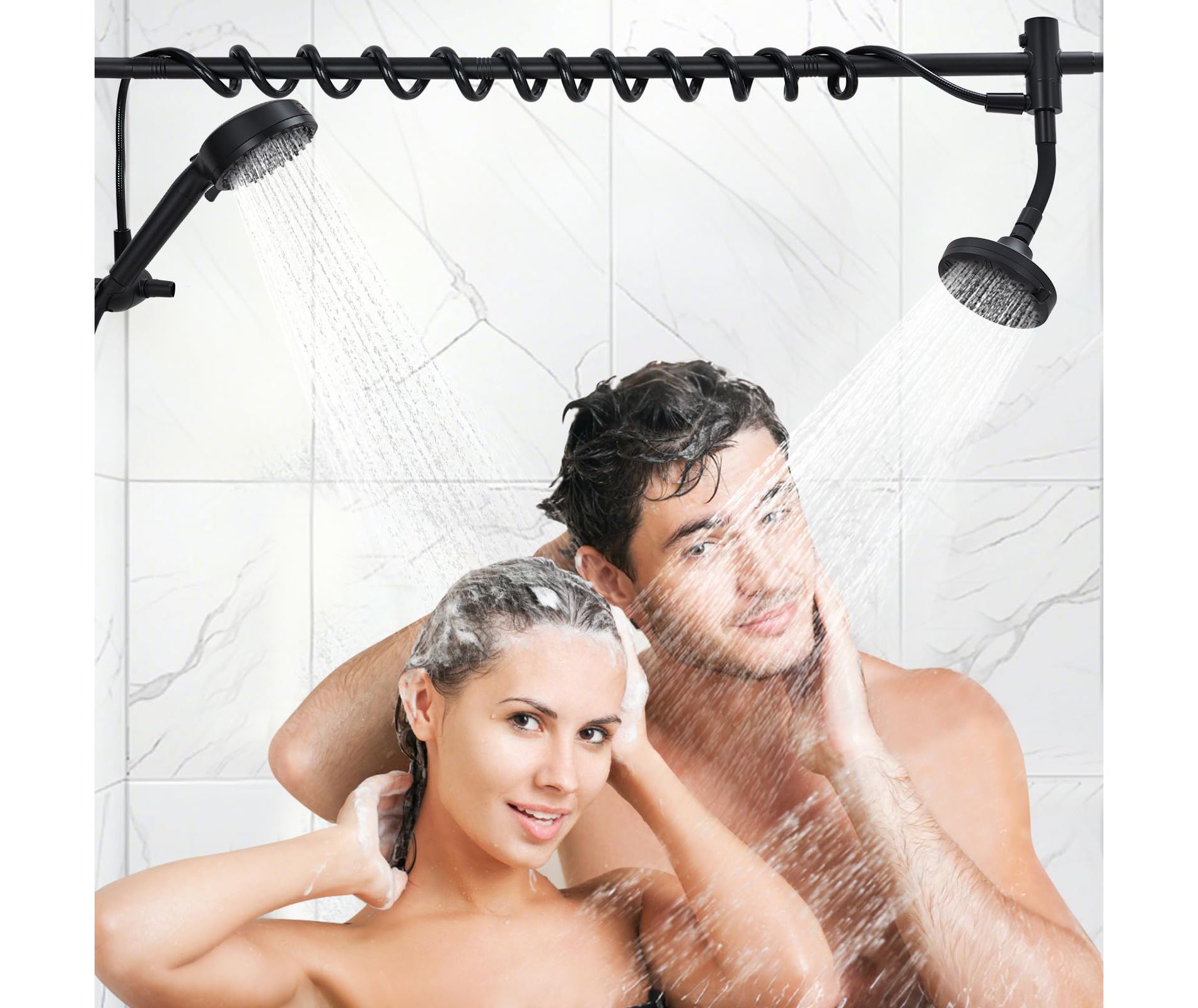 Double Shower Head, High Pressure Tandem Shower, 7-Setting Handheld Shower Head, Filter Shower Head 360 Degrees Adjustable Top Spray, Matte Black