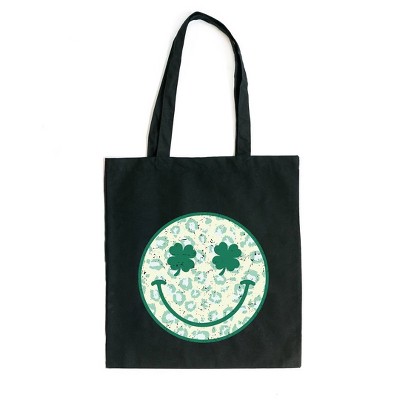 City Creek Prints Clover Leopard Smiley Face Canvas Tote Bag - 15x16 - Black