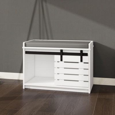 GlasFlength Decorative Storage Cabinet Storage Bench with Door and Cushion, Free Standing Home Organizer, for Entryway, White, 28.74"*13.78"*19.68"
