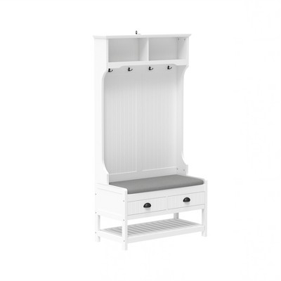 Vynxaria Bedroom Entrance and Porch Friendly: White Independent 3 in 1 Coat Rack with 2 Drawers 4 Hooks Padded Bench Shoe Rack