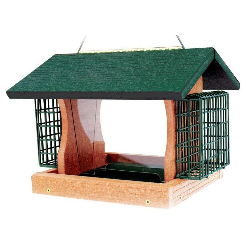 Woodlink 24421 Going Green 5.50 Pound Seed Capacity Hanging Bird Feeder Made of Recycled Plastic with 2 Suet Feeder Cages and Lifting Lid, Green, 1 of 5