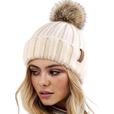 ZUPPAD Womens Winter Knitted Beanie Hat with Faux Fur Pom Warm Knit Skull Cap Beanie for Women Hats 1 Pack