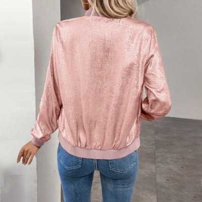 Женские куртки YesFashion Women's Satin Shimmer Bomber Jacket Zip-Up Stretch Casual Outerwear Coat,L,Pink — фото 5
